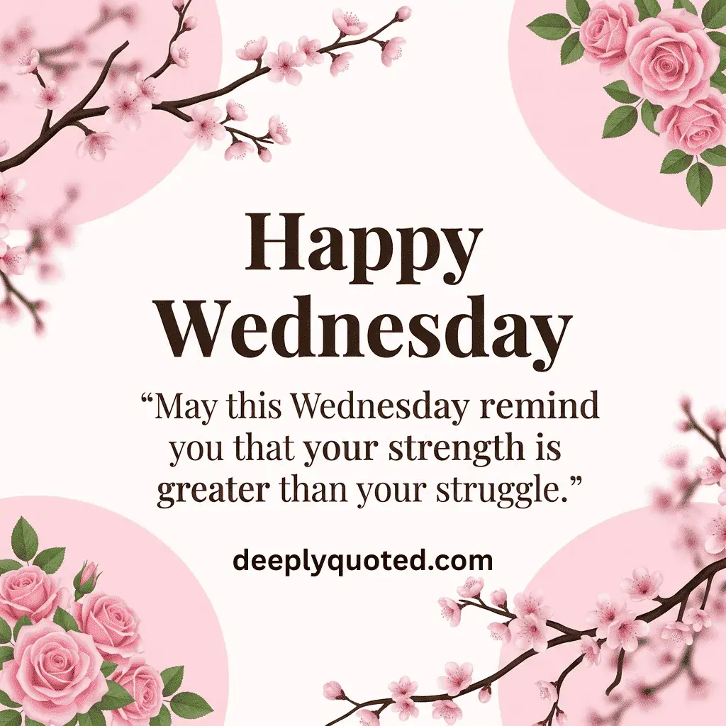 Happy Wednesday floral image with an inspirational quote about inner strength and overcoming struggles