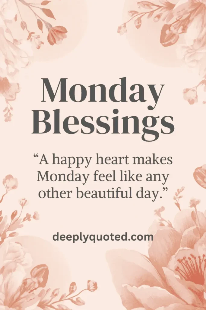 Monday Blessings image with an inspirational quote about a happy heart and a beautiful Monday