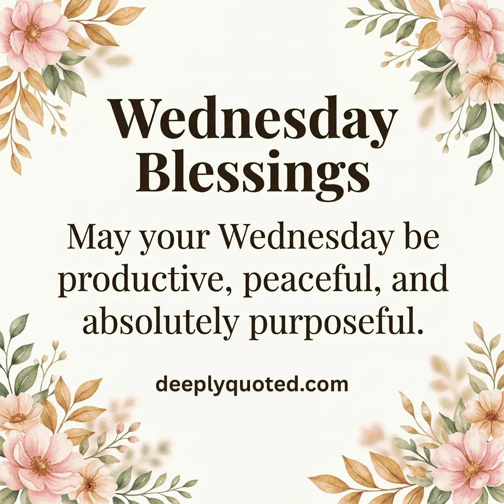Wednesday Blessings image with an inspirational quote wishing a productive, peaceful, and purposeful Wednesday