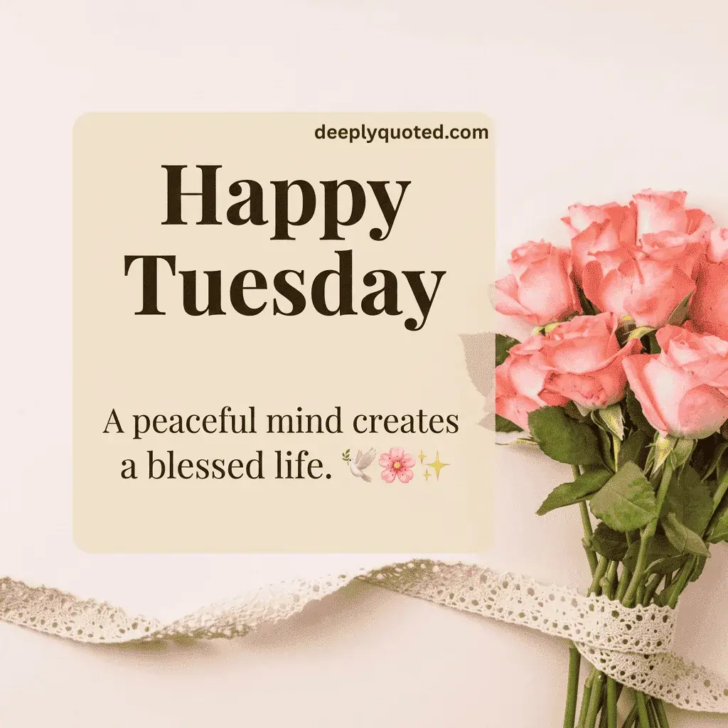 Happy Tuesday quote saying, "A peaceful mind creates a blessed life"